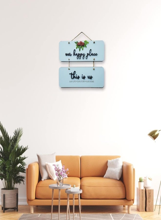 Chalk My Theme Our Happy Place Wooden Wall Hanging Hanger For Living Room, Bedroom, Gift, and Entrance-Blue - Image 3